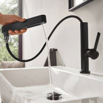 Tvättställsblandare Hansgrohe Finoris 230 mattsvart med utdragbar handdusch och bottenventil