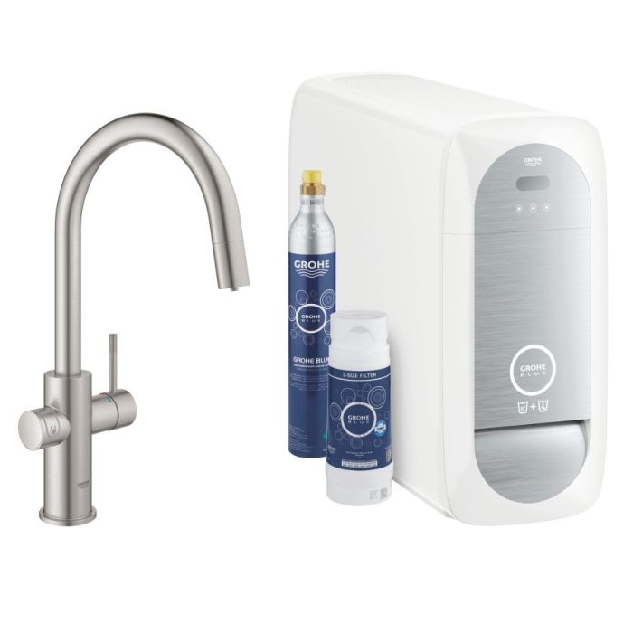 Köksblandare Grohe Blue Home C Supersteel med utdragbar handdusch + veefilter + jahuti + gaasiballoon