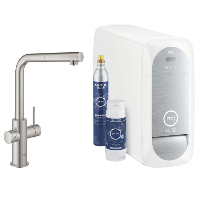 Köksblandare Grohe Blue Home L med utdragbar handdusch Supersteel + veefilter + jahuti + gaasiballoon