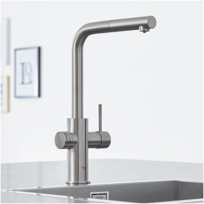 Köksblandare Grohe Blue Home L med utdragbar handdusch Supersteel + veefilter + jahuti + gaasiballoon