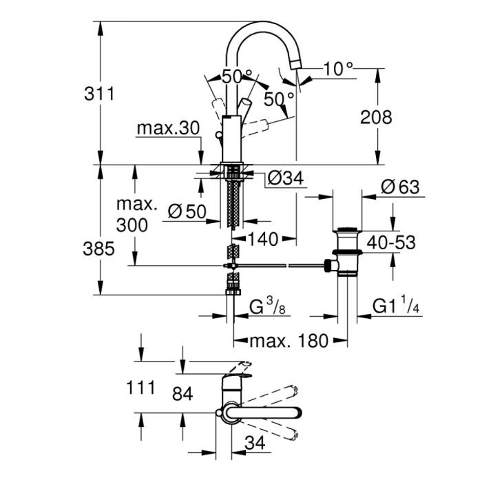 Tvättställsblandare Grohe Eurosmart L-Size med bottenventil