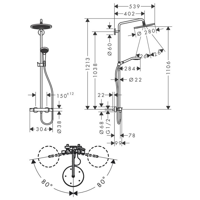 Duschset Hansgrohe Croma Select S Showerpipe 280 1jet mattvit