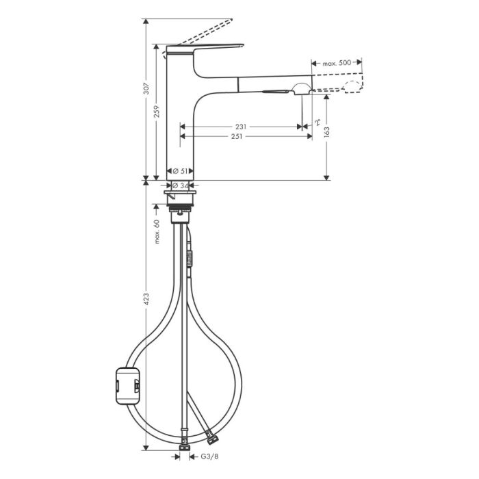 Köksblandare Hansgrohe Zesis M33 160 mattsvart med utdragbar handdusch