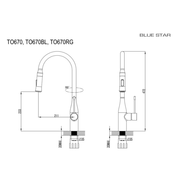 Köksblandare Blue Star Torino 670 mattsvart med utdragbar handdusch