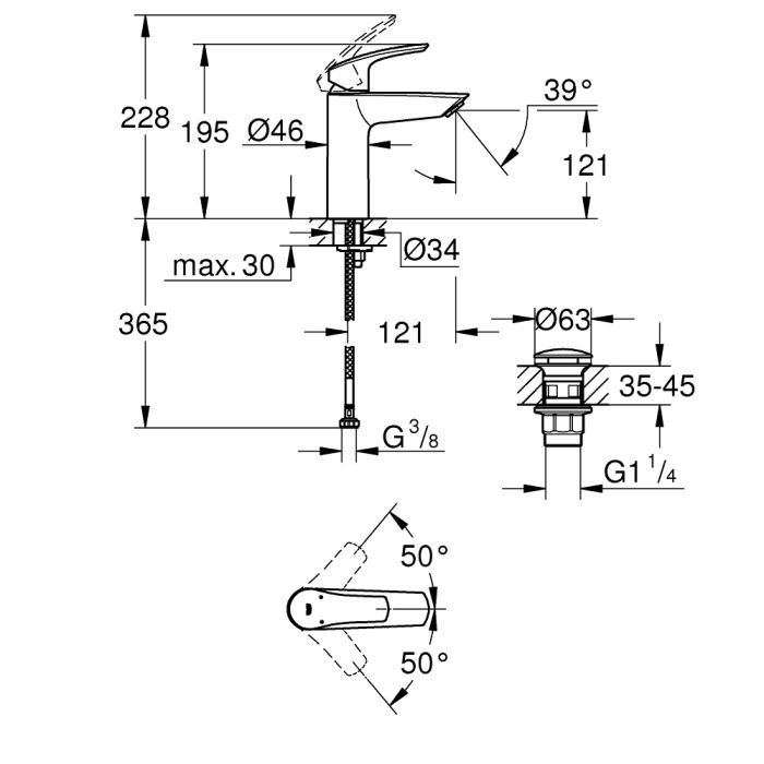 Tvättställsblandare Grohe Eurosmart M-Size vajutatava med bottenventil