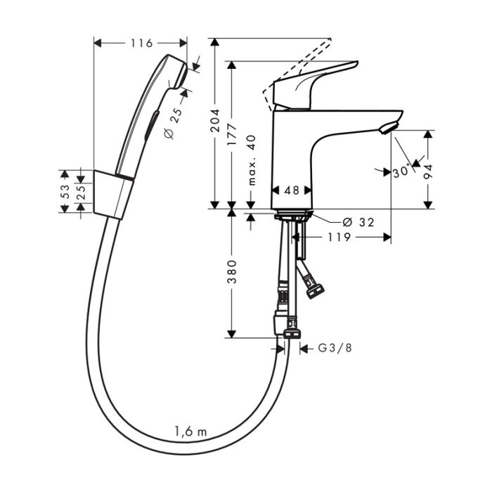 Tvättställsblandare Hansgrohe Focus 100 Bidette med bidédusch