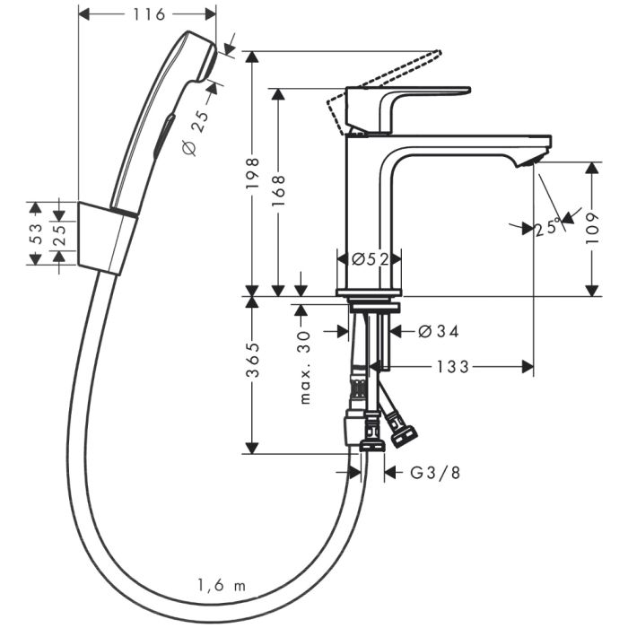 Tvättställsblandare Hansgrohe Rebris S 110 med bidette-handdusch mattsvart