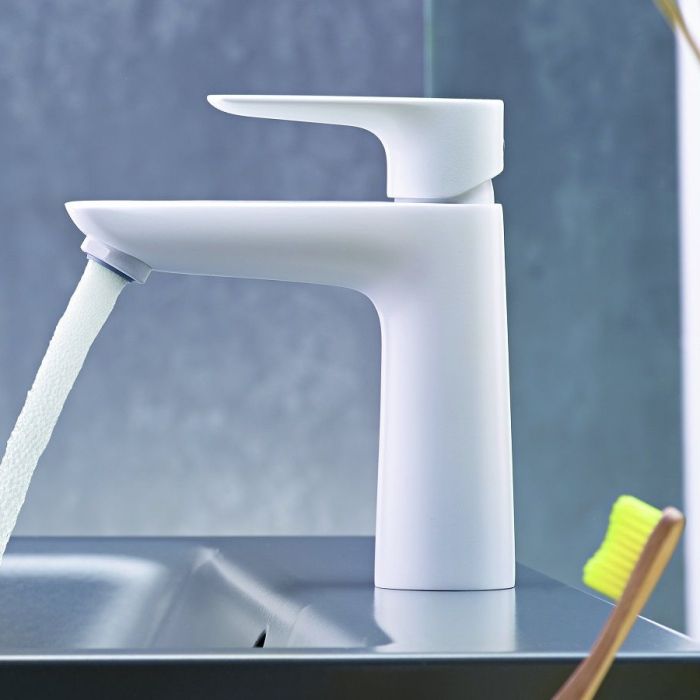 Tvättställsblandare Hansgrohe Talis E 110 pop-up med bottenventil mattvit - Outlet
